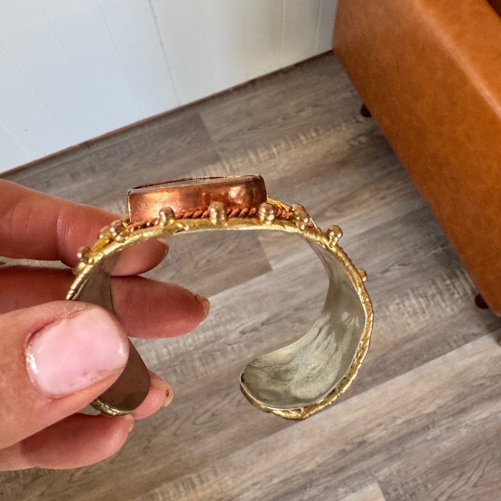 AMMONITE FOSSIL CUFF Bracelet Brass and copper sun accents adjustable bracelet - Picture 8 of 9